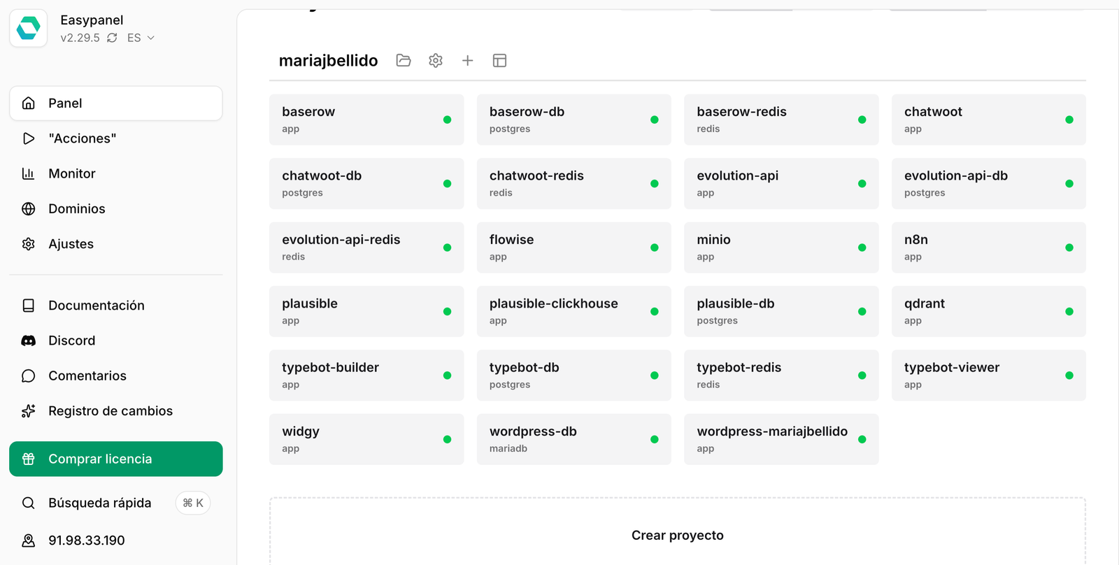 Panel de Easypanel con servicios desplegados en VPS para mjbellido