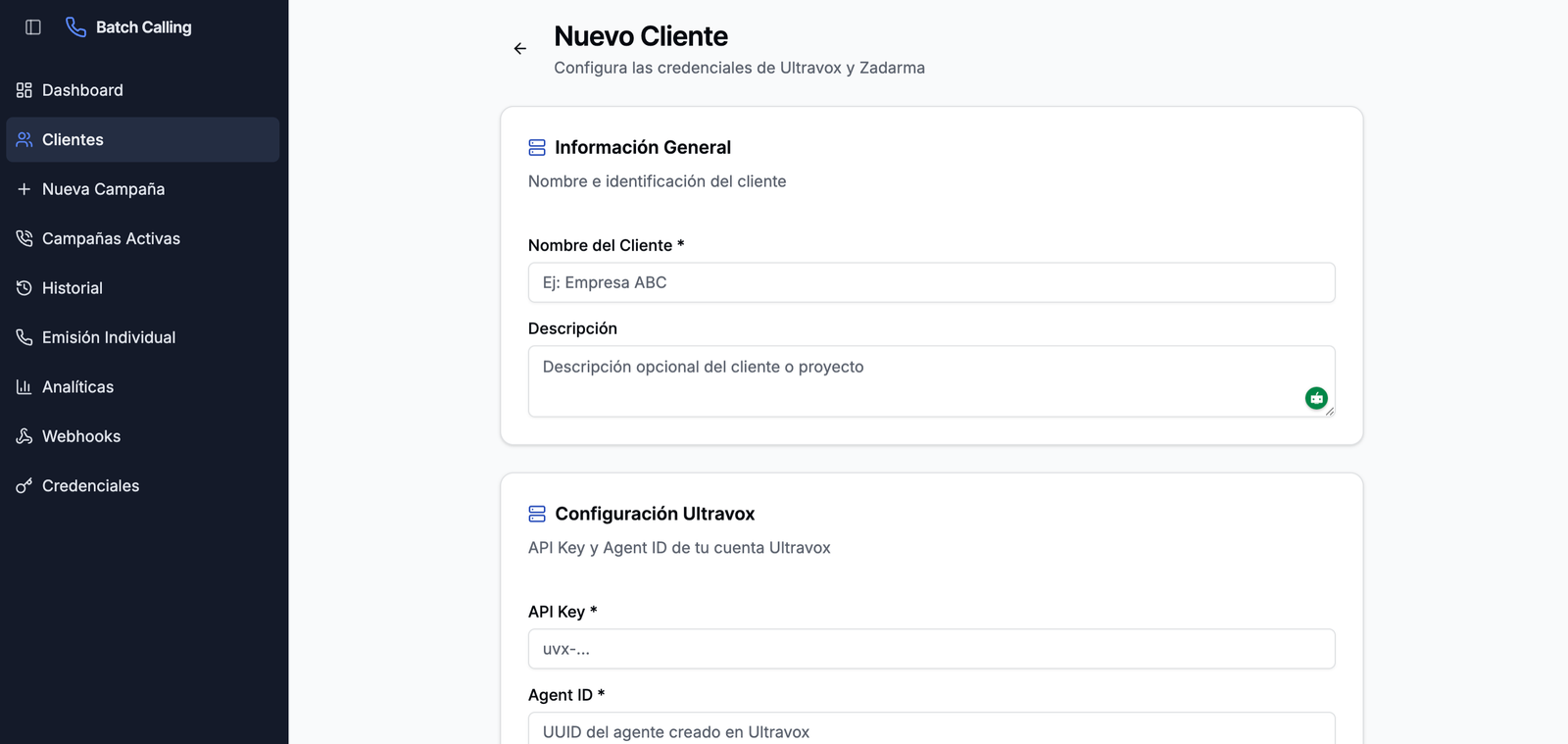 Pantalla de gestión de campañas activas y analíticas de llamadas