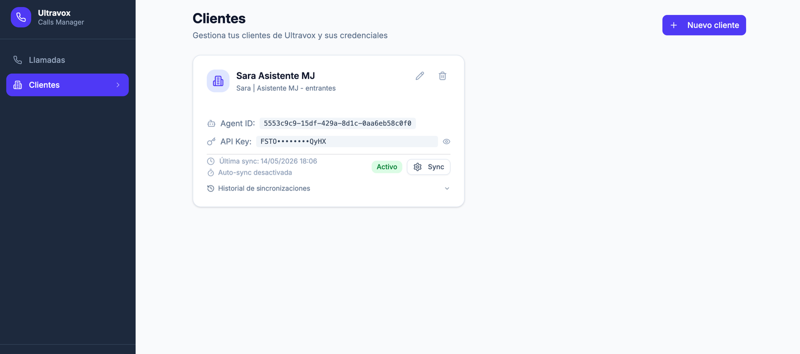 Tercera vista del gestor de llamadas y agentes en Ultravox