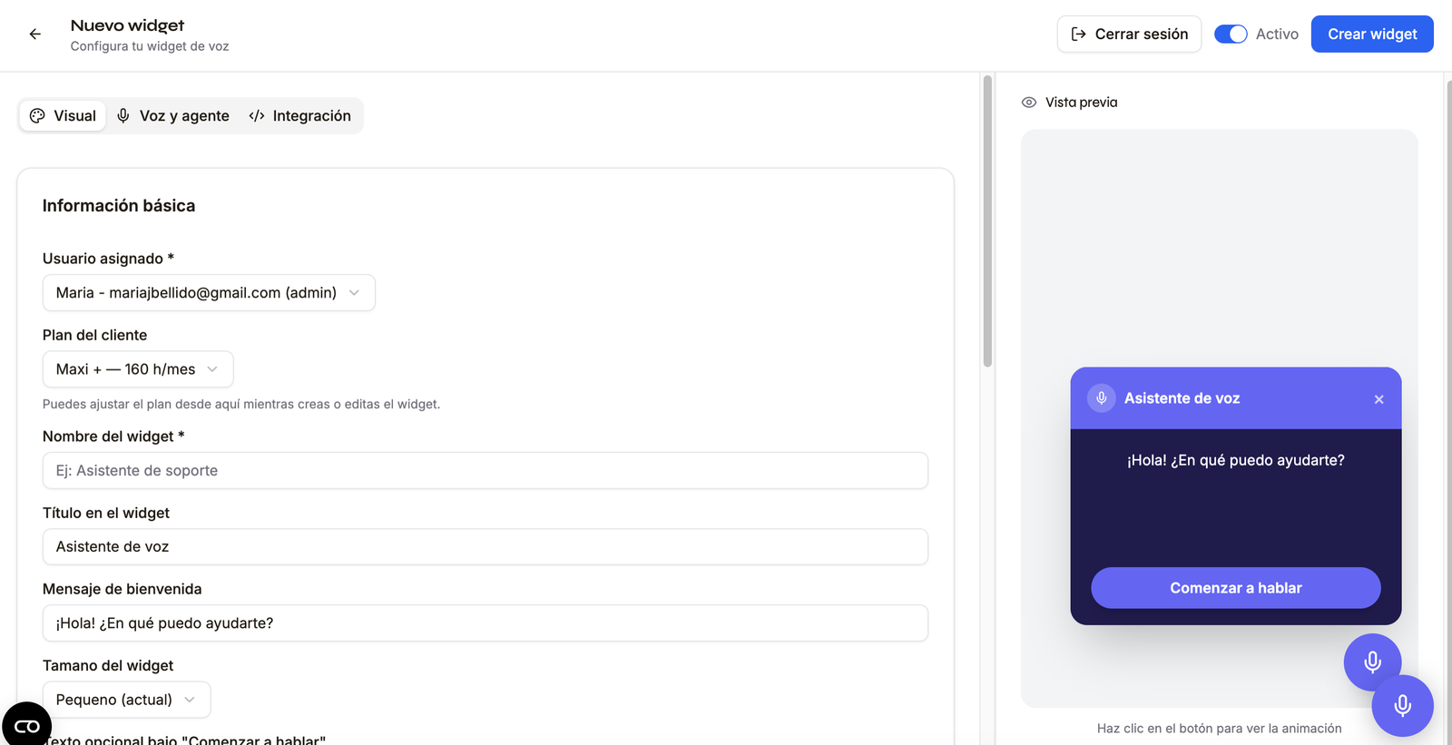 Pantalla principal del constructor de widgets para agentes de voz con IA