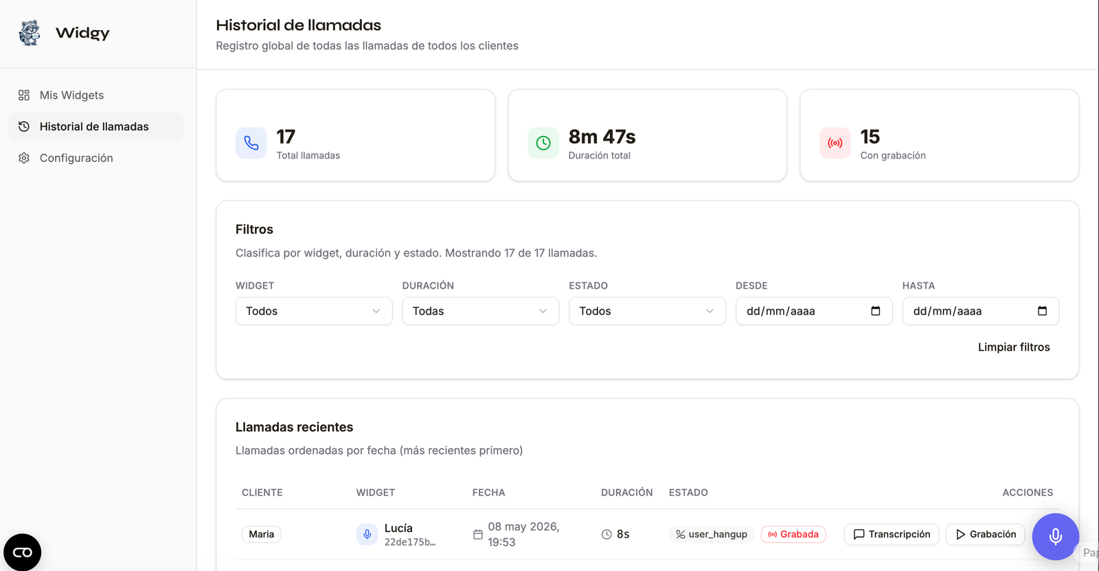 Vista de monitorización de llamadas en el constructor de widgets