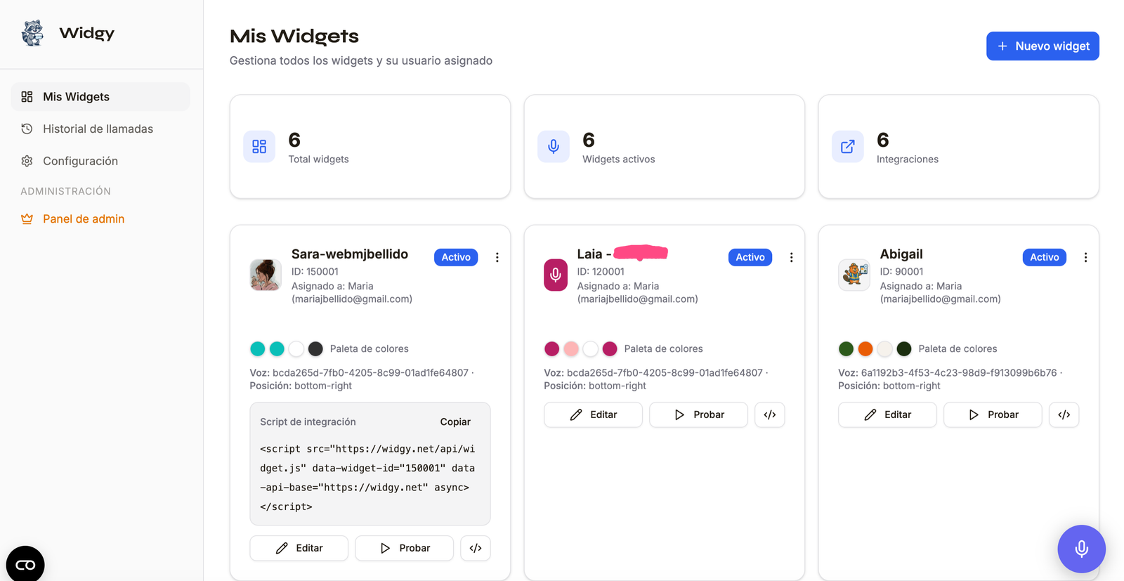 Panel de tiempo en uso dentro del constructor de widgets para agentes
